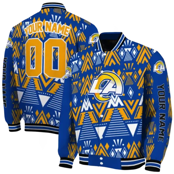 personalized los angeles rams pyramid shapes blue varsity jacket fashion forward