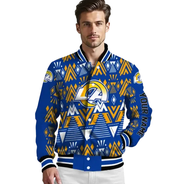 personalized los angeles rams pyramid shapes blue varsity jacket high quality