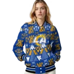 personalized los angeles rams pyramid shapes blue varsity jacket best selling
