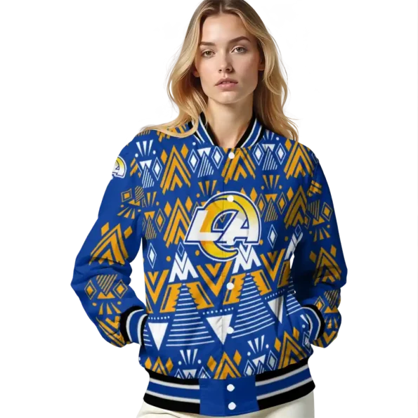 personalized los angeles rams pyramid shapes blue varsity jacket latest model