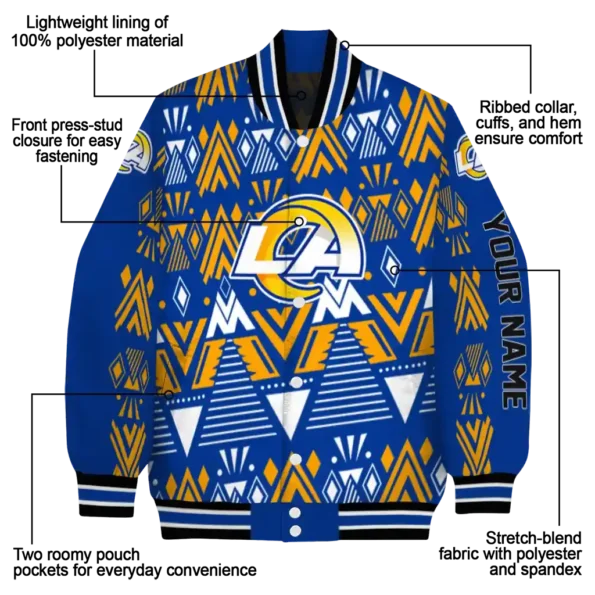 personalized los angeles rams pyramid shapes blue varsity jacket new arrival