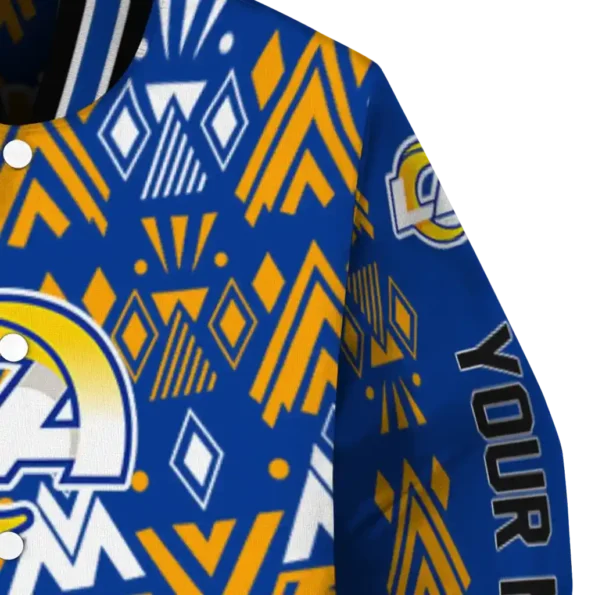 personalized los angeles rams pyramid shapes blue varsity jacket premium grade