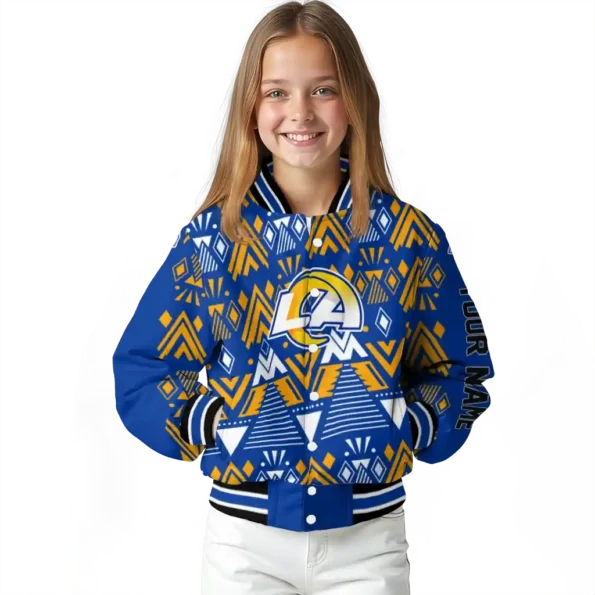personalized los angeles rams pyramid shapes blue varsity jacket top rated