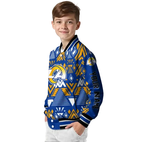 personalized los angeles rams pyramid shapes blue varsity jacket trendy
