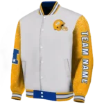 personalized los angeles rams speckled arms blue gray varsity jacket best selling