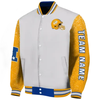 personalized los angeles rams speckled arms blue gray varsity jacket best selling