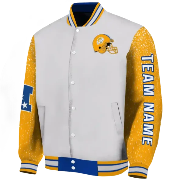 personalized los angeles rams speckled arms blue gray varsity jacket best selling