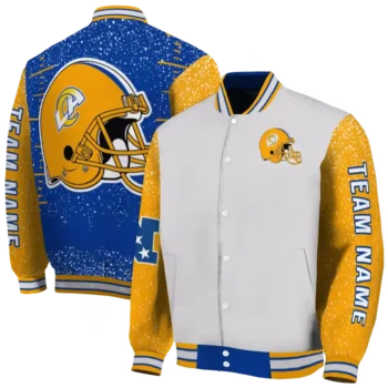 personalized los angeles rams speckled arms blue gray varsity jacket fashion forward