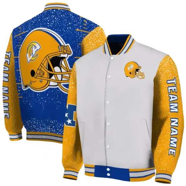 personalized los angeles rams speckled arms blue gray varsity jacket fashion forward