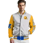 personalized los angeles rams speckled arms blue gray varsity jacket best selling