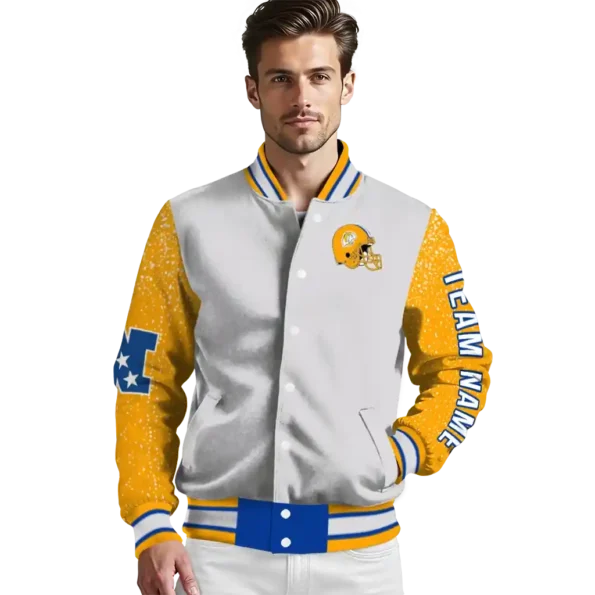 personalized los angeles rams speckled arms blue gray varsity jacket high quality