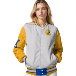 personalized los angeles rams speckled arms blue gray varsity jacket best selling