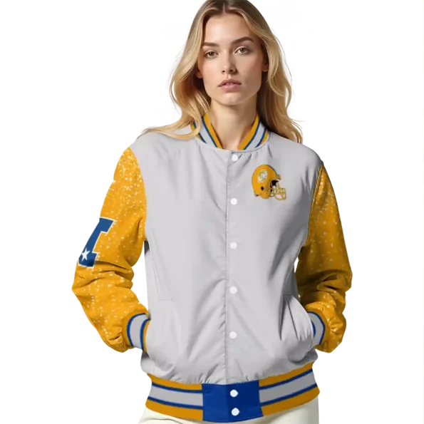 personalized los angeles rams speckled arms blue gray varsity jacket latest model