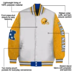personalized los angeles rams speckled arms blue gray varsity jacket best selling