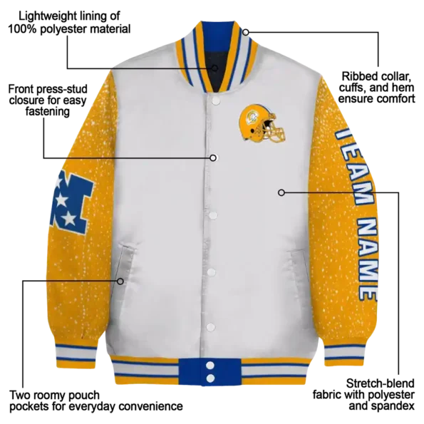 personalized los angeles rams speckled arms blue gray varsity jacket new arrival