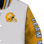 personalized los angeles rams speckled arms blue gray varsity jacket best selling
