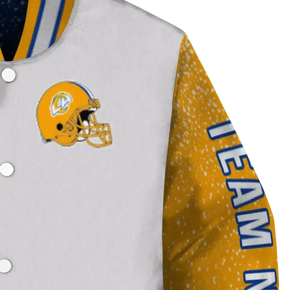 personalized los angeles rams speckled arms blue gray varsity jacket premium grade
