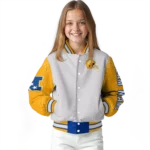 personalized los angeles rams speckled arms blue gray varsity jacket best selling