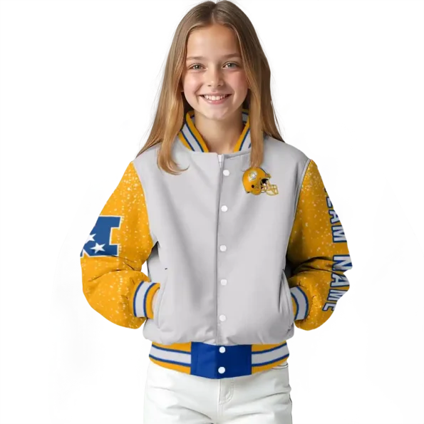 personalized los angeles rams speckled arms blue gray varsity jacket top rated