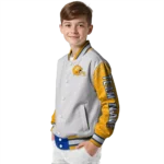 personalized los angeles rams speckled arms blue gray varsity jacket best selling