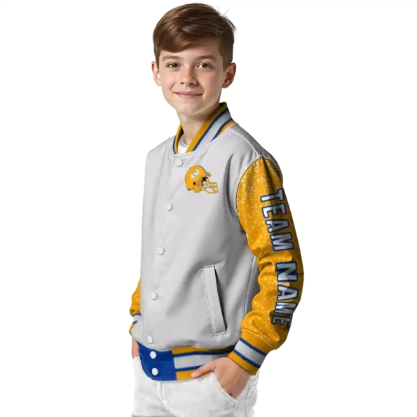 personalized los angeles rams speckled arms blue gray varsity jacket trendy