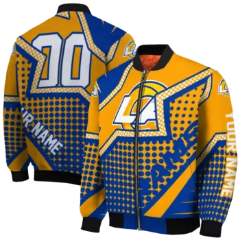 personalized los angeles rams star burst blue bomber jacket fashion forward