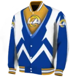 personalized los angeles rams v stripes blue white varsity jacket best selling