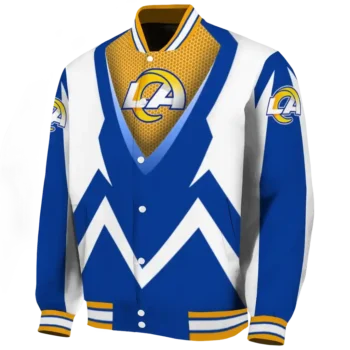 personalized los angeles rams v stripes blue white varsity jacket best selling