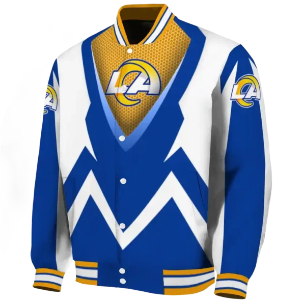 personalized los angeles rams v stripes blue white varsity jacket best selling