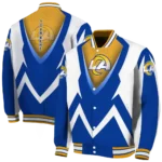 personalized los angeles rams v stripes blue white varsity jacket best selling