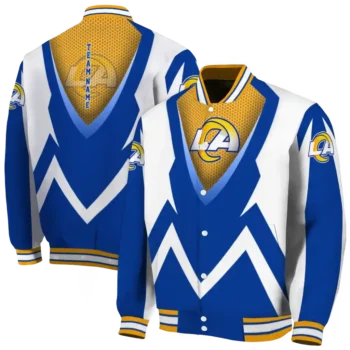 personalized los angeles rams v stripes blue white varsity jacket fashion forward