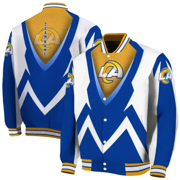 personalized los angeles rams v stripes blue white varsity jacket fashion forward