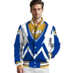 personalized los angeles rams v stripes blue white varsity jacket best selling