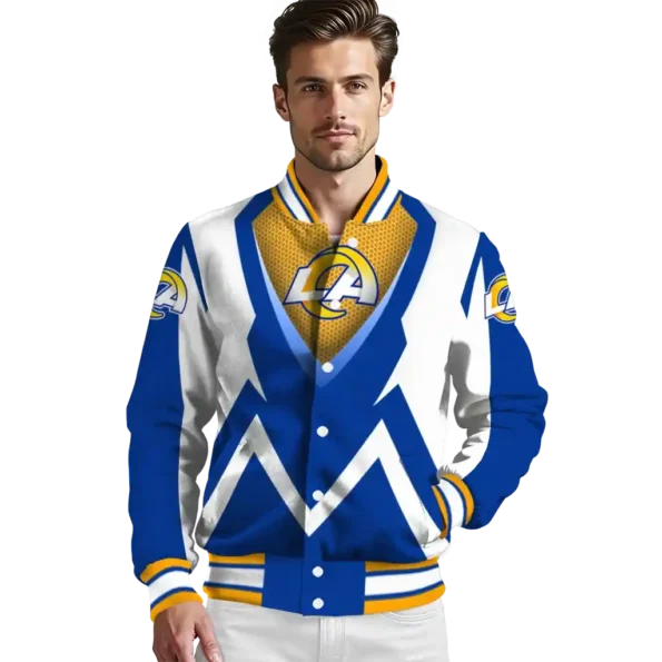 personalized los angeles rams v stripes blue white varsity jacket high quality