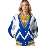 personalized los angeles rams v stripes blue white varsity jacket best selling