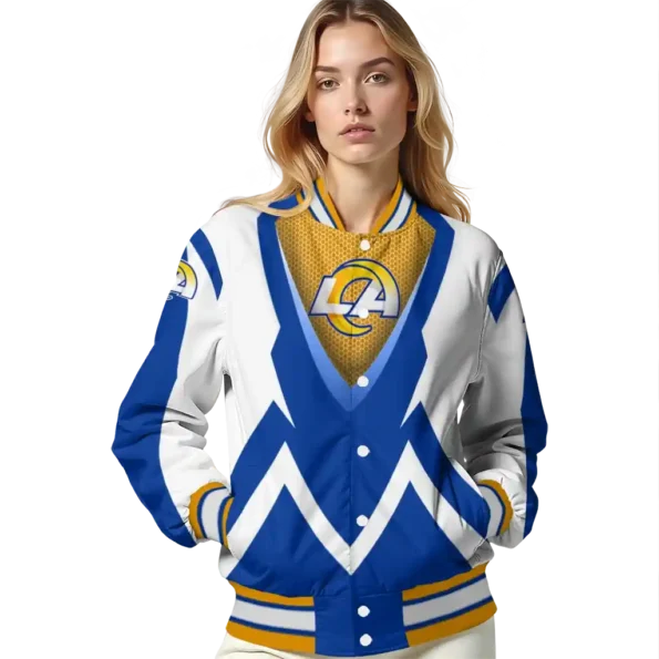 personalized los angeles rams v stripes blue white varsity jacket latest model