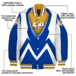 personalized los angeles rams v stripes blue white varsity jacket best selling