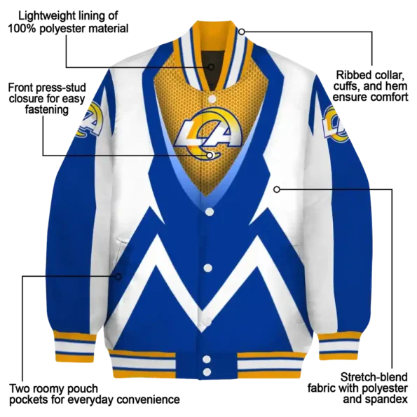 personalized los angeles rams v stripes blue white varsity jacket new arrival