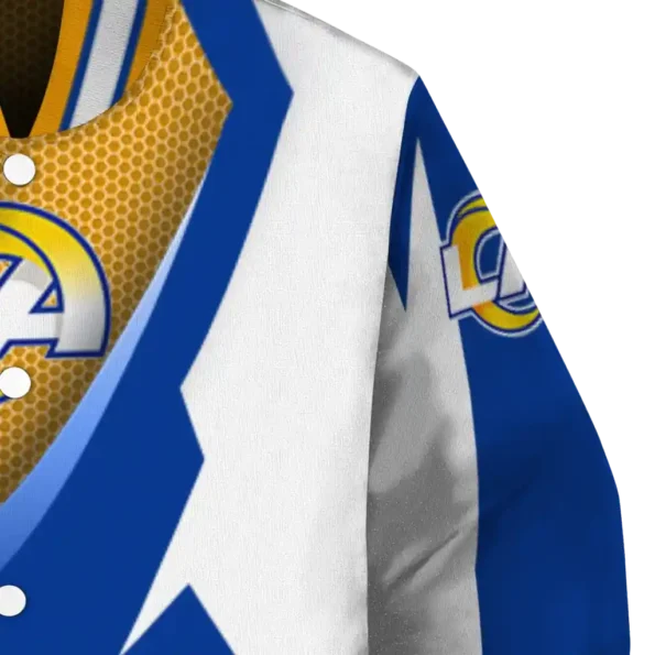 personalized los angeles rams v stripes blue white varsity jacket premium grade