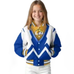 personalized los angeles rams v stripes blue white varsity jacket best selling