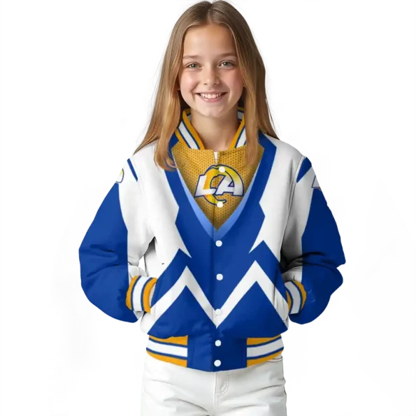 personalized los angeles rams v stripes blue white varsity jacket top rated