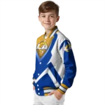 personalized los angeles rams v stripes blue white varsity jacket best selling