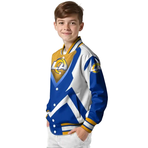personalized los angeles rams v stripes blue white varsity jacket trendy