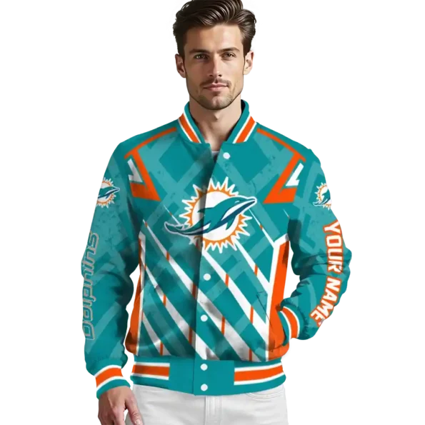 personalized miami dolphins chevron angles aqua varsity jacket high quality
