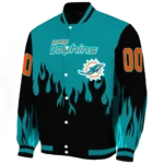 personalized miami dolphins flame border aqua black varsity jacket best selling