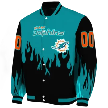 personalized miami dolphins flame border aqua black varsity jacket best selling