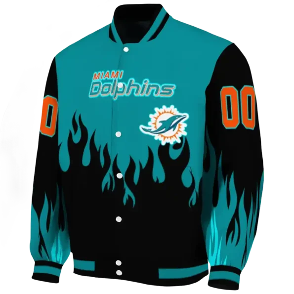 personalized miami dolphins flame border aqua black varsity jacket best selling