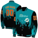 personalized miami dolphins flame border aqua black varsity jacket best selling