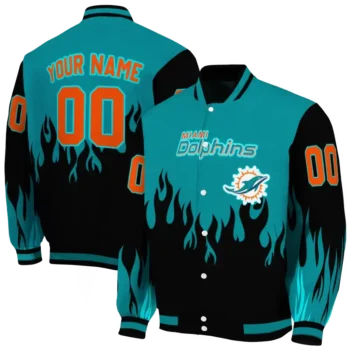 personalized miami dolphins flame border aqua black varsity jacket fashion forward