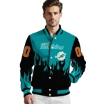 personalized miami dolphins flame border aqua black varsity jacket best selling
